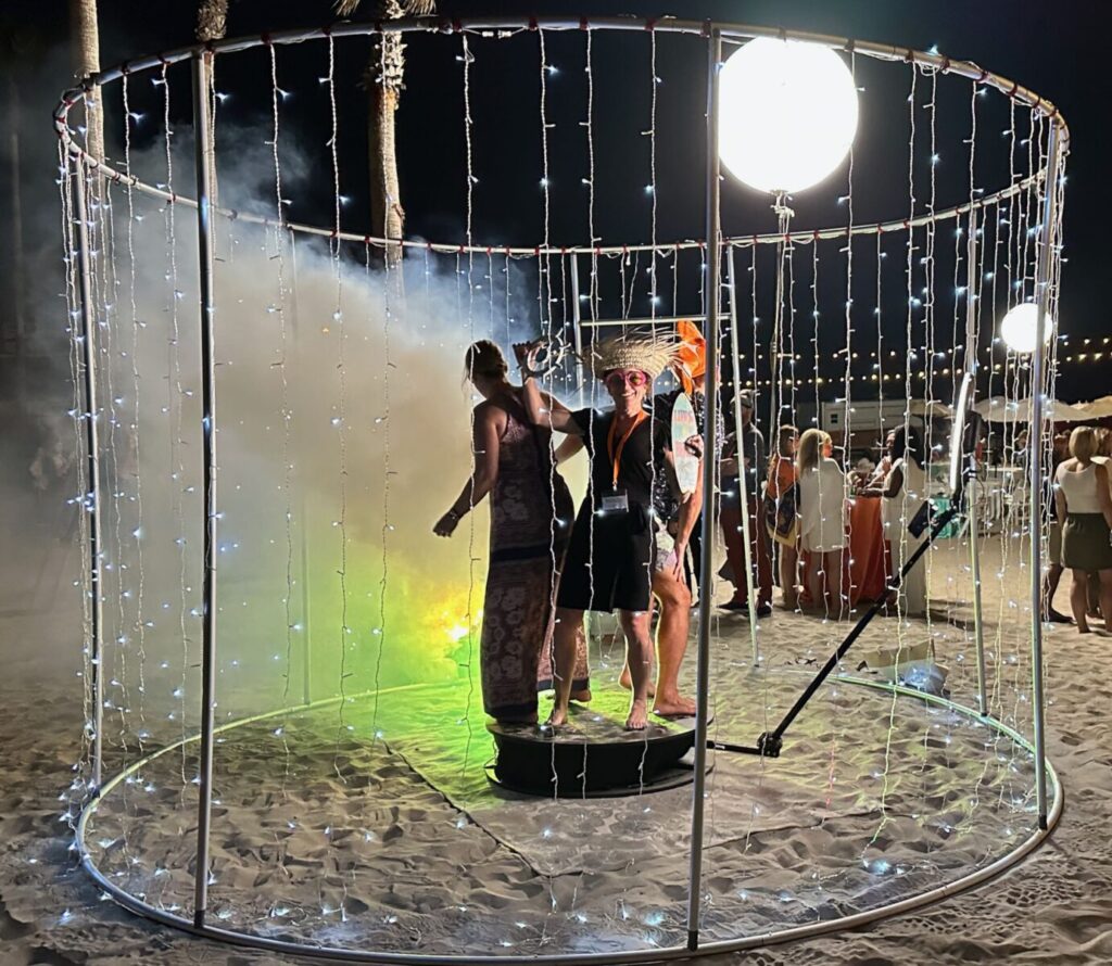 Coachella Party 360 photo booth, fog and backdrop frame with lights at Del Coronado Hotel in San Diego